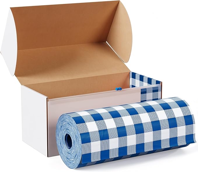 Exquisite Party Solids 54 Inch X 100 Feet Blue Gingham Plastic Table Cover Roll in A Cut - to - Size Box with Convenient Slide Cutter. Cuts Up to 12 Rectangle 8 Feet Plastic Disposable Tablecloths