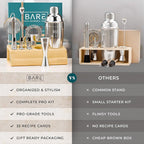 BARE BARREL® Mixology Bartender Kit Bar Set | 14-Piece Cocktail Shaker Set | Martini Barware Mixing Tools for Home Bartending | Incl. 35 Recipe Cards | Gift Set (24oz Cobbler Shaker, Silver/Natural)