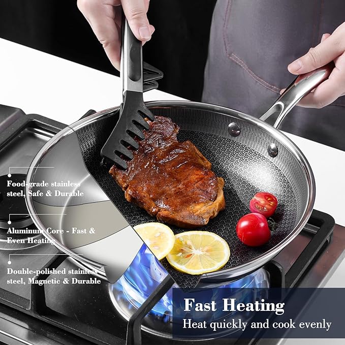 8 Inch Hybrid Non Stick Frying Pan Set Skillet Stainless Steel Skillet Chef's Pan with Matching Lid, PFOA-Free Non-Toxic Cookware, Dishwasher & Oven Safe, Induction Compatible All Cooktop