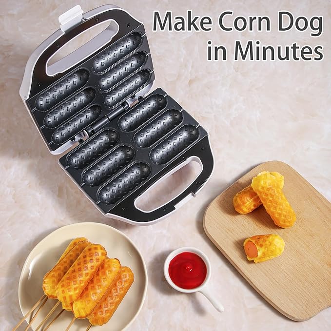 Corn Dog Waffle Maker, Hot Dog Waffle Machine with Non-stick Coating Plate, Hot Dog Maker Toaster Make 6 Corn Dogs, Corn Dog Waffle Machine Make Corn Dog in Minutes, Easy to Clean, White