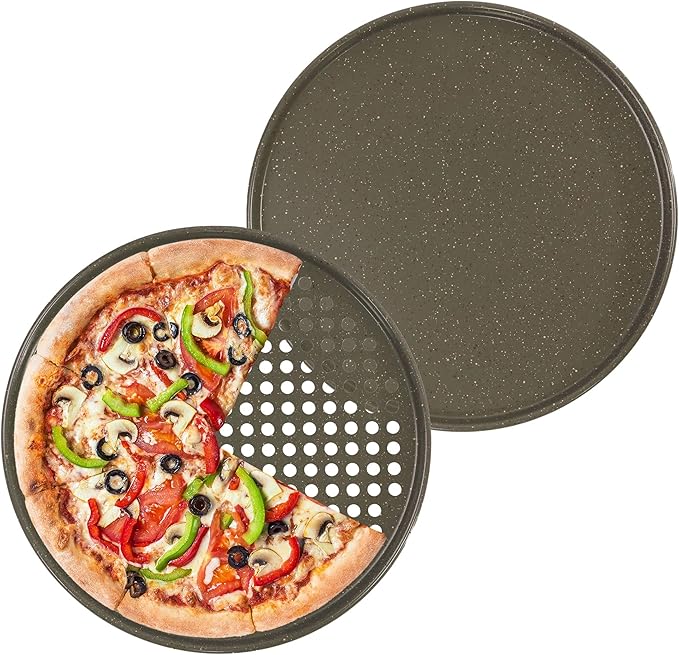casaWare 2pc 12-inch Ultimate Pizza Pan Set, Nonstick, Ceramic Coated, (1) Solid, (1) Perforated (Silver Granite)