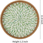 Round Rattan Tray for Home Decor 11.8 inch, Modern and Boho Decor Serving Tray with Mother of Pearl Inlay, Wicker Basket for Coffee Table, Hand Woven Decorative Tray Plates (Green)