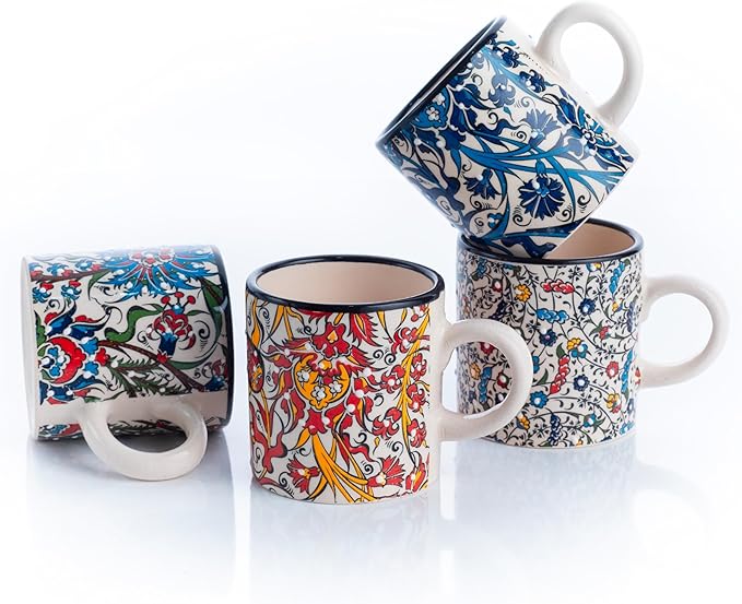 Ceramic Espresso Cups, 5 Oz Espresso Cups Set of 4, Handmade Espresso Cup, 2.75 Inch Espresso Mugs, Multicolor Demitasse Cups, Microwave & Dishwasher Safe Espresso Mugs, Coffe Mug (IZNIK CARNATION)