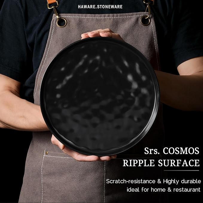 HaWare Stoneware Plates Set of 6, 7.9" Salad Plates, Reactive Glaze Ripple Ceramic Dish Set for Appetizer, Dessert, Scratch Resistant, Small Dinner Plate, Microwave and Dishwasher Safe, Matte Black