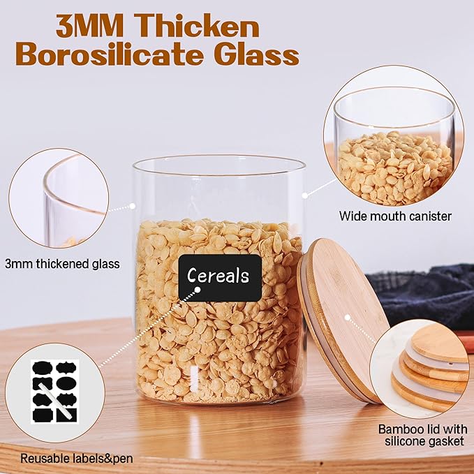 Glass Flour Storage Containers with Lids, Glass Jars with Bamboo Lids, Large Food Storage Jar, Sugar, Pantry Storage Container for Pasta Rice Flour Oats Nuts Tea Spice (Round 27oz+54oz+100oz)