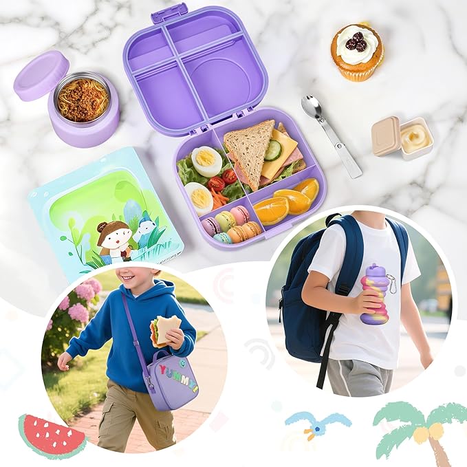 Kids Bento Lunch Box with 12oz Soup Thermo, Kids Leakproof Lunch Food Container with 4 Compartments, Insulated Lunch Bag & Water Cup for Girls Boys to School Travel