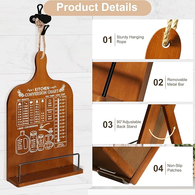 Cookbook Stand for Kitchen Counter Recipe Book Holder with Conversion Chart Adjustable Non Slip Cookbook Holder Kitchen Gifts for Women Mother's Day Gifts for Mom Housewarming Retirement Gifts
