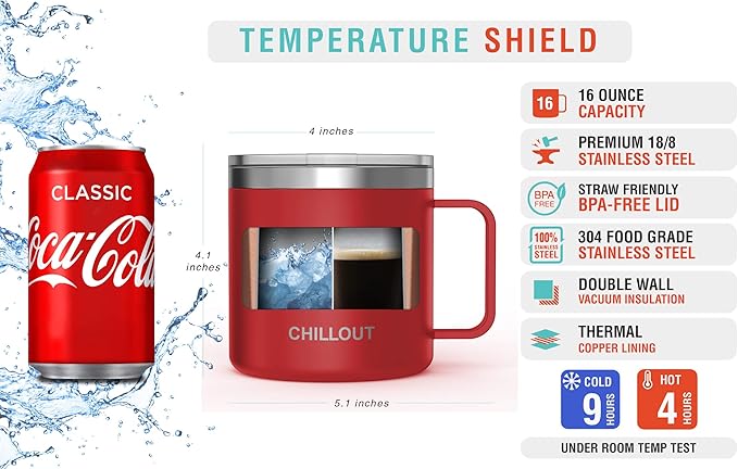 CHILLOUT LIFE Stainless Steel 16 oz Vacuum Insulated Coffee Mug with Handle and Lid, Large Thermal Camping Coffee Mug Cup with Durable Sliding Lid for Men & Women, Keeps your Beverages Hot & Cold
