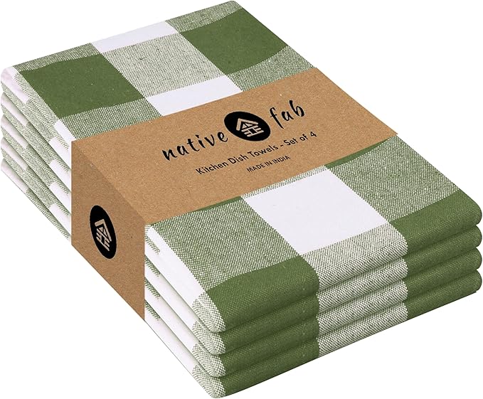 Native Fab Buffalo Check Kitchen Dish Towels, 16"x26", 4 Pack - 100% Cotton Plaid Washcloths - Absorbent Dish Cloths Set, Cleaning Hand Towels with Hanging Loop - Mint Green White
