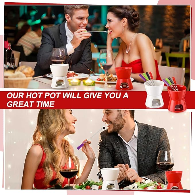 Mudder 8 Pcs Mini Fondue Pot Set with 32 Color Coded Forks Porcelain Tea Light Melting Mugs for Chocolate Cheese Dessert Small Fondue Pot Set for Christmas Valentine's Tapas Gifting(Red)