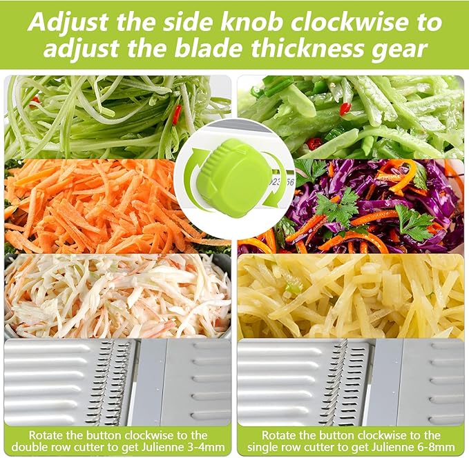 Mandoline Slicer for Kitchen, Adjustable Stainless Steel Mandoline Food Slicer, Onion Potato Cucumber Tomato Carrot Vegetable Fruit Slicer, Mandolin Veggie Cutter with Food Holder, Green