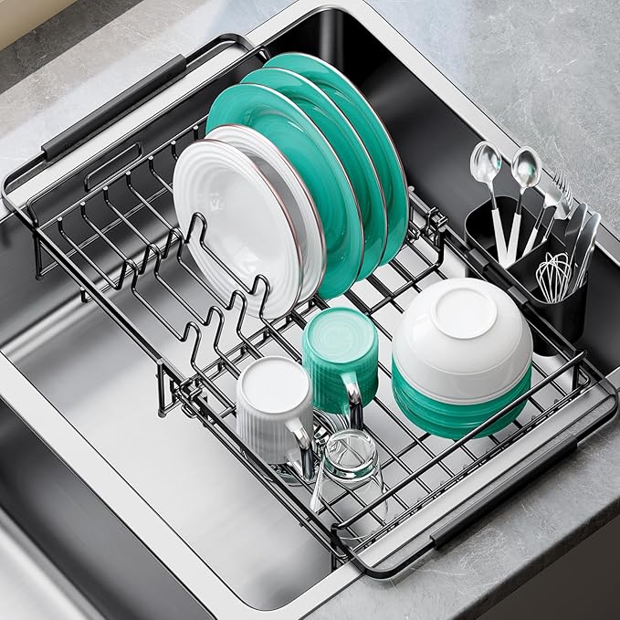 Expandable Dish Drying Rack Over The Sink, Adjustable Dish Rack in Sink, Dish Drainer for Kitchen Counter, Dish Strainer with Utensil Holder, Dish Rack Fit for 14"-19" Kitchen Sink, Matte Black