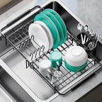 Expandable Dish Drying Rack Over The Sink, Adjustable Dish Rack in Sink, Dish Drainer for Kitchen Counter, Dish Strainer with Utensil Holder, Dish Rack Fit for 14"-19" Kitchen Sink, Matte Black