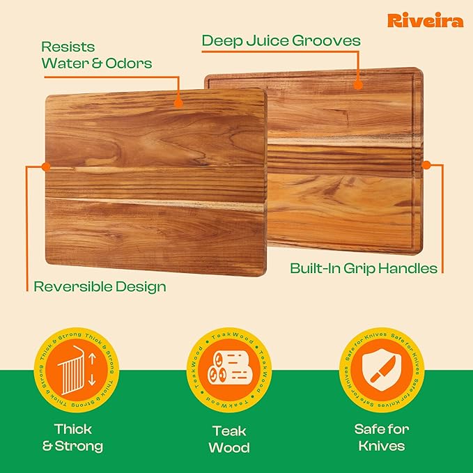 Riveira Teak Wood Cutting Board – Gourmet Teak Grandeur: 24 x 18 Wooden Cutting Board – Natural Wooden Cutting Boards For Kitchen Decorative – Innovative Juice Grooves Teak Wooden Chopping Board