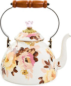 MACKENZIE-CHILDS Enamel Tea Kettle, Decorative Tea Kettle for Stovetop, 3 Quarts, Wild Rose White