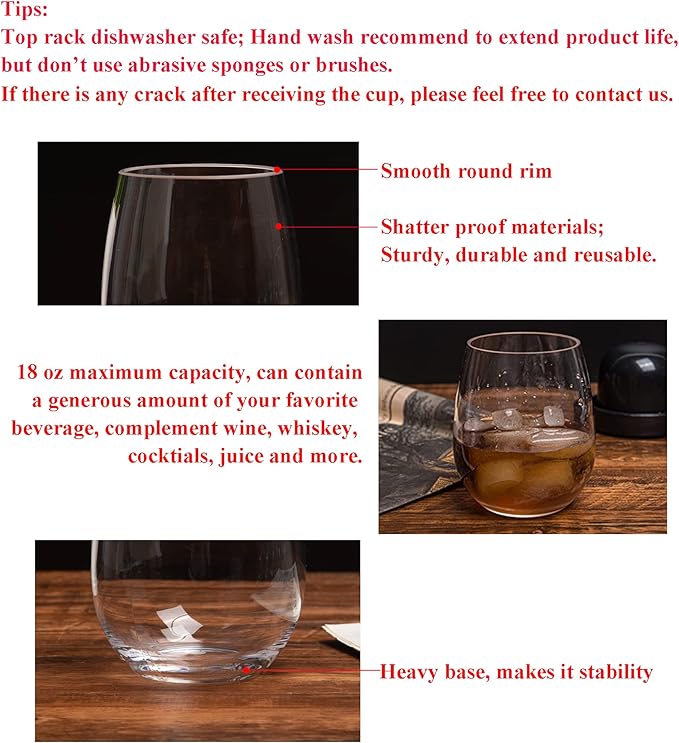 KOXIN-KARLU Classic 18-ounce Acrylic Stemless Wine Glasses, Unbreakable Mixed Drinkware Plastic Tumbler, set of 8 Clear