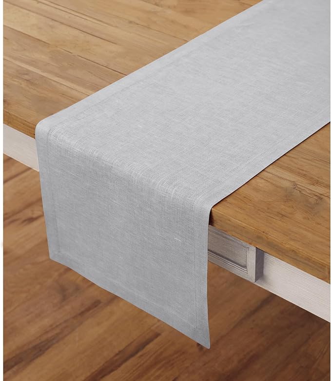 Solino Home Linen Soft Grey Table Runner 60 Inches - 100% Pure Linen Small Table Runner 14 x 60 Inch Ideal for Dresser and Coffee Tables - Summer, Fall, Autumn - Fete