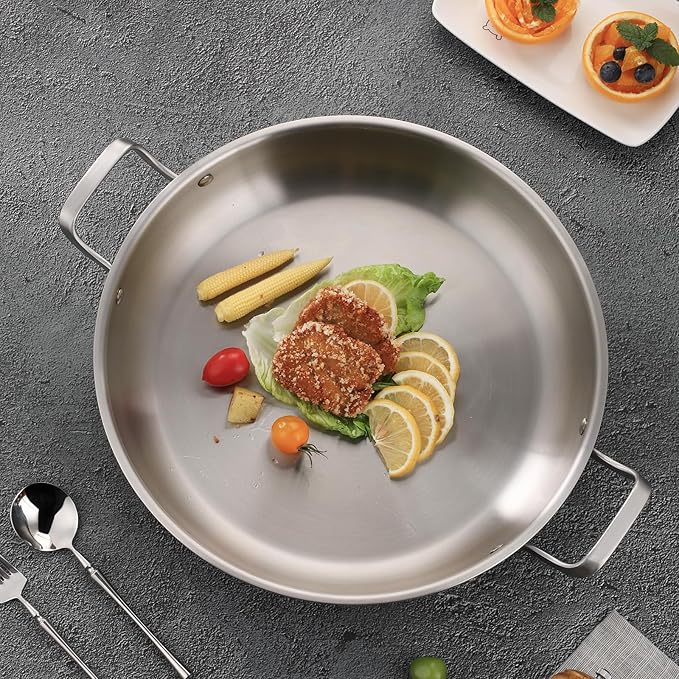 Tri-Ply Stainless Steel Paella Pan, 14.5 inch Large Skillet,12 Servings 18/10 Large Paella pan with Lid,Jumbo Cooker,Perfect for Outdoors, Camping, Parties