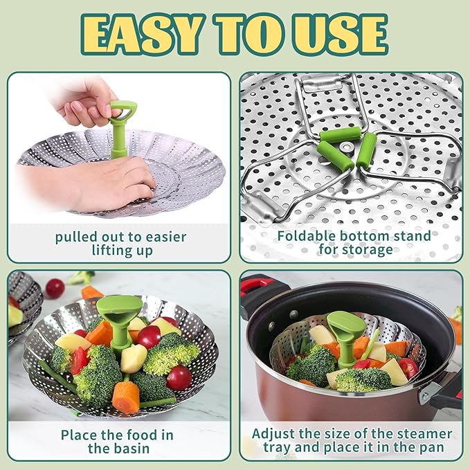 SHIKORI Steamer Basket,Stainless Steel Vegetable Steamer Basket Folding,Folding Expandable Steamers,Expandable to Fit Various Size Pot-Green 11 in