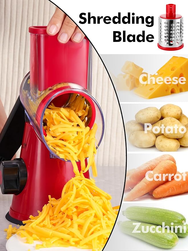 Rotary Cheese Grater with Handle - 3 in 1 Cheese Shredder Rotary Grater Stainless Steel Handheld, Vegetable Slicer for Fruit, Cheese, Nuts(Red)