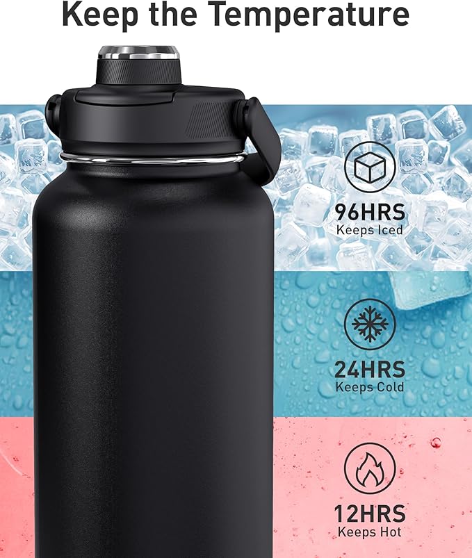 TOURIT 40 oz Insulated Water Bottle, Stainless Steel Sports Water Bottles With Top Handle, Double-Wall Travel Thermal Water Flask, BPA Free Leakproof Water Bottle for Sports and Travel, Black