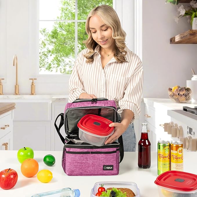 OPUX Lunch Box For Women, Insulated Large Lunch Bag Adult Work, Double Decker Lunchbox Meal Prep, Dual Compartment Leakproof Lunch Cooler, Soft Lunch Pail Tote for Girls, Kids, School (Pink, 16 Cans)