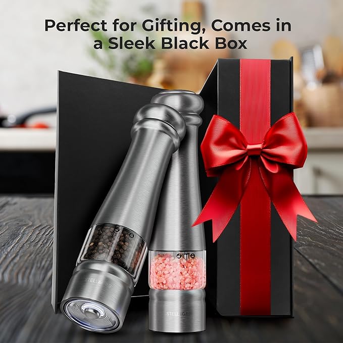 Premium Electric Salt and Pepper Grinder Set - Stainless Steel Battery Salt and Pepper Grinder Set with Adjustable Coarseness & Warm White Light - Automatic Spice Mill Shakers