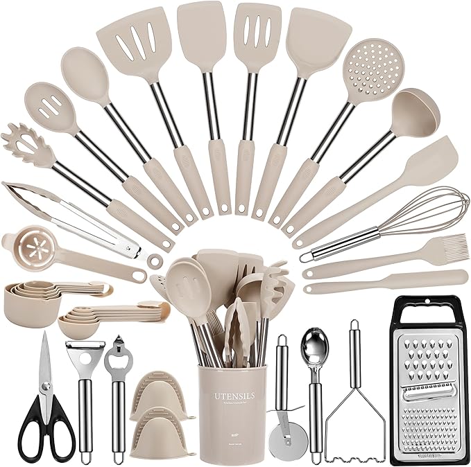 Large Cooking Utensils Set, 35 Pcs Kitchen Utensils Set with Holder, Silicone Spatula Set with Stainless Steel Handle, Whisk, Basting Brush, Kitchen Gadgets for Nonstick Cookware (Khaki)