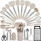 Large Cooking Utensils Set, 35 Pcs Kitchen Utensils Set with Holder, Silicone Spatula Set with Stainless Steel Handle, Whisk, Basting Brush, Kitchen Gadgets for Nonstick Cookware (Khaki)