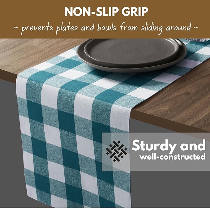 Native Fab Table Runner Buffalo Check Plaid 100% Cotton - 13x72 Inches Kitchen Dining Table Decoration for Indoor Outdoor Farmhouse Home Party Decor - Teal Green and White