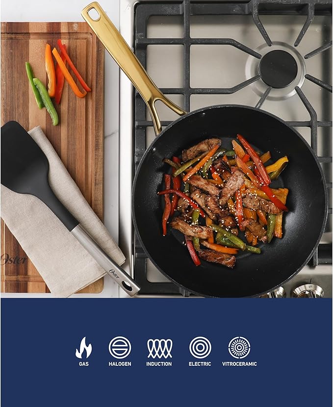 Oster Platinum Abbottsford 11-Inch Matte Black Ceramic Nonstick Wok with Gold Stainless Steel Handle — Flat Bottom, Oven & Induction Safe
