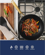 Oster Platinum Abbottsford 11-Inch Matte Black Ceramic Nonstick Wok with Gold Stainless Steel Handle — Flat Bottom, Oven & Induction Safe