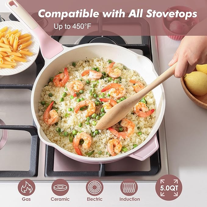 SENSARTE Nonstick Skillet with Lid 12-inch, 5QT Ceramic Deep Frying Pan, Non Toxic Saute Pan with Lid, Stay-cool Handle, Healthy Cooking Pot, Induction Compatible, Sakura Pink