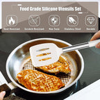 E-far 14 Pieces Silicone Cooking Utensils Set, Kitchen Utensils Set with Holder, Spatula, Ladle, Spoon, Slotted Turner for Nonstick Cookware, 446°F Heat Resistant & Stainless Steel Handle, Cream White