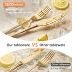 KINGSTONE Gold Hammered Silverware Set, Flatware Set with Serving Utensils, 18/10 Stainless Steel Premium Cutlery with Unique Ripple Handles Design Mirror Polished - Dishwasher Safe (45-Piece)