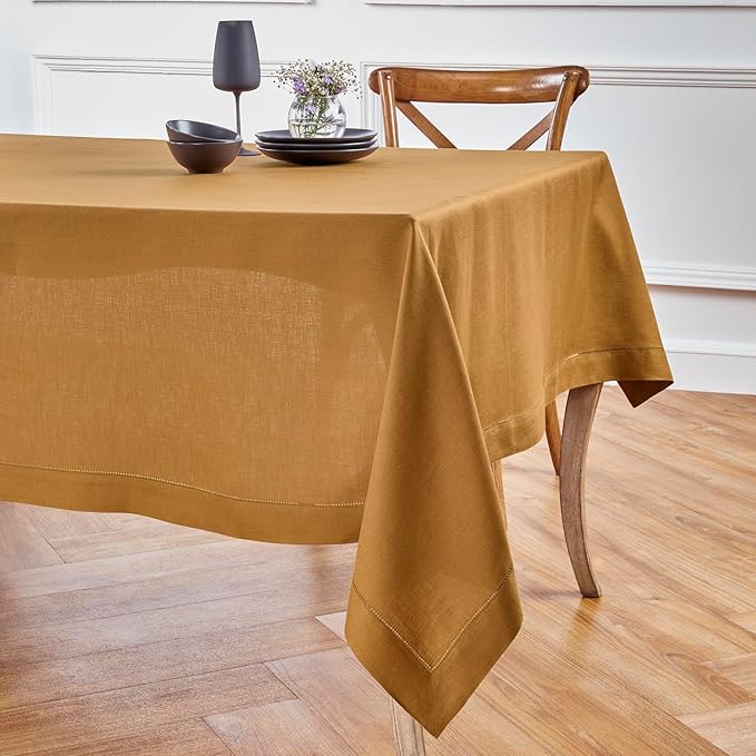 Solino Home Brown Sugar Linen Tablecloth 60 x 120 Inch - Classic Hemstitch, 100% Pure Linen Rectangular Tablecloth - Machine Washable Table Cloth for Summer, Fall, Autumn