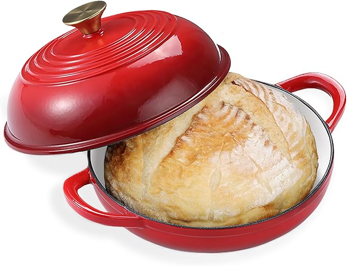 Enameled Round Cast Iron Bread Oven, 6 Qt Cast Iron Dutch Oven for Homemade Sourdough Bread Baking, Bread Dome Pot with Cloche Lid (Red)