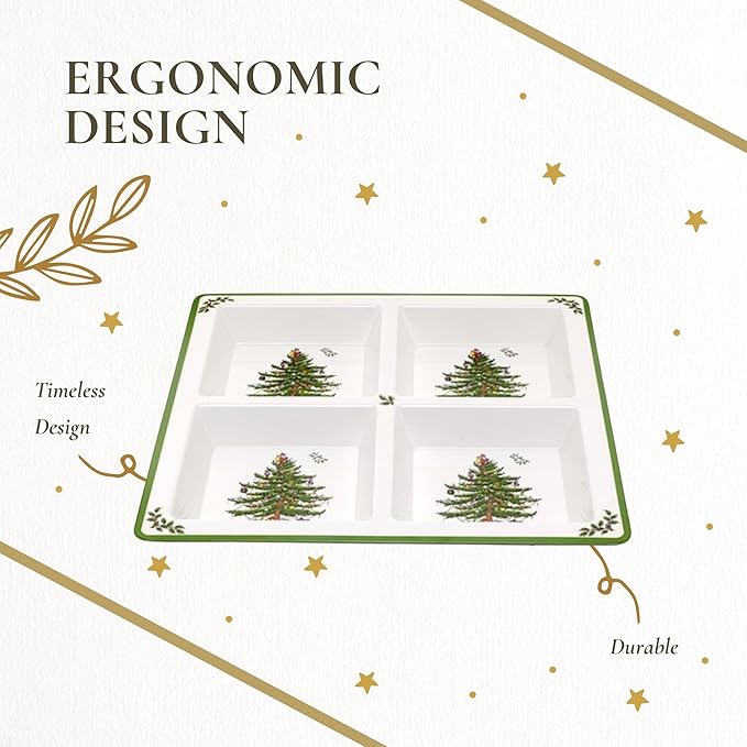 Spode Christmas Tree Melamine 4-Section Tray, 13.5-Inch Divided Holiday Serveware for Nuts, Candy, Condiments - Festive Tableware - Durable Holiday Entertaining Accessory for Indoor & Outdoor Use