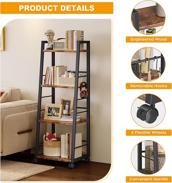4 Tier Kitchen Storage Cart with Lockable Wheels & 6 Hooks, Mobile Utility Organizer Rolling Cart for Small Spaces, Bar Cart for Kitchen and Living Room, Rustic Brown