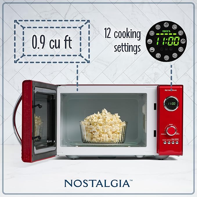 Nostalgia Retro Countertop Microwave Oven, 0.9 Cu. Ft. 800-Watts with LED Digital Display, Child Lock, Easy Clean Interior, Red
