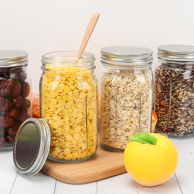 DHSBTLS 32 oz Glass Mason Jars, 12 Pack Wide Mouth Glass Canning Jars with Silver Aluminum Lids and Bands, Airtight Jars for Food Storage, Canning, Overnight Oats, Fermenting, Pickling, Decor