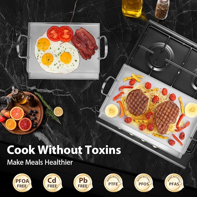 Utheer 23" x 16" Ceramic Nonstick Stainless Steel Griddle for Gas, Charcoal, Grill, Large Stove Top Griddle, Non-Toxic, PFAS/PFOA/PTFE Free, Oven Up to 500°F, for BBQ, Camping & Kitchen, Sliver