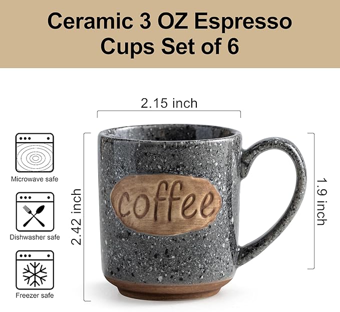 LYEOBOH Espresso Cups, Coffee Cups, Tea Cup - 3 oz Grey Ceramic Set of 6, Mini Coffee Mugs, Demitasse Cups, Espresso Shot, Microwave Dishwasher Safe, Ceramic Mugs, Perfect for Daily Use & Tea Time