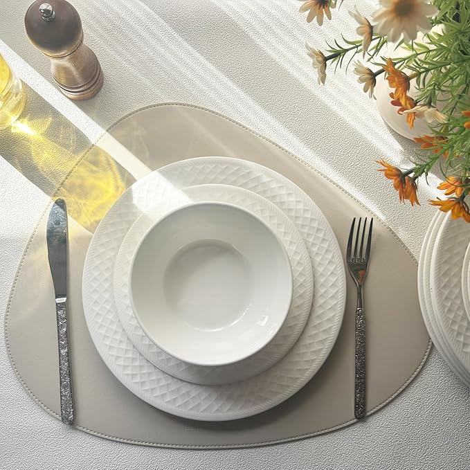 18-Piece Bone China Dinnerware Set for 6, White Porcelain Plates and Bowls with Textured Design, Lightweight Microwave Dishwasher Safe for Family Dining