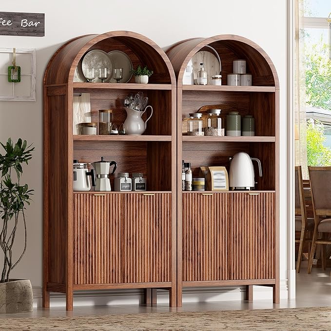 71" Tall Arched Kitchen Pantry,Modern Fluted Wood Storage Cabinet with Doors,Adjustable Shelves,Organizer, Versatile Cupboard for Kitchen,Living Room,Dining Room,Bathroom,Walnut