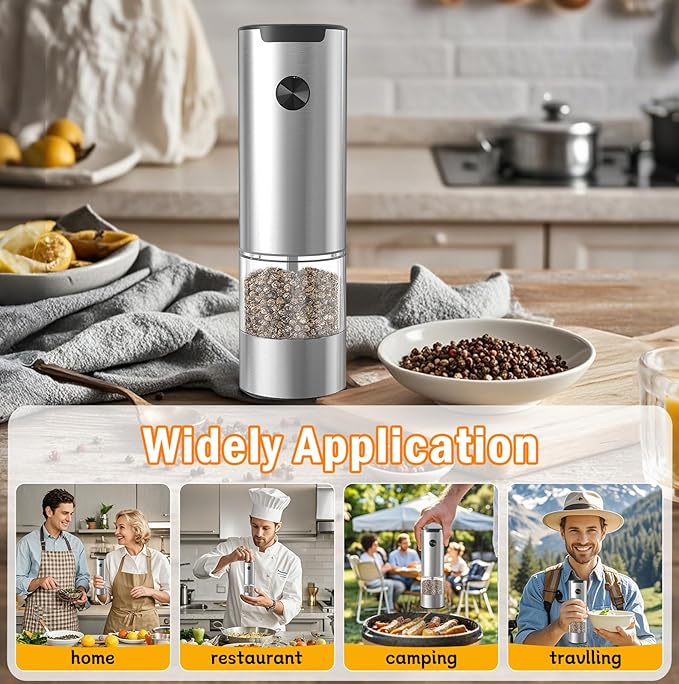 Electric Salt and Pepper Grinder, Stainless Steel Pepper Mill with Light, Adjustable Coarseness Salt & Pepper Mill Electronic Pepper Shaker Battery Operated One Handed Operation Grinder (Silver)