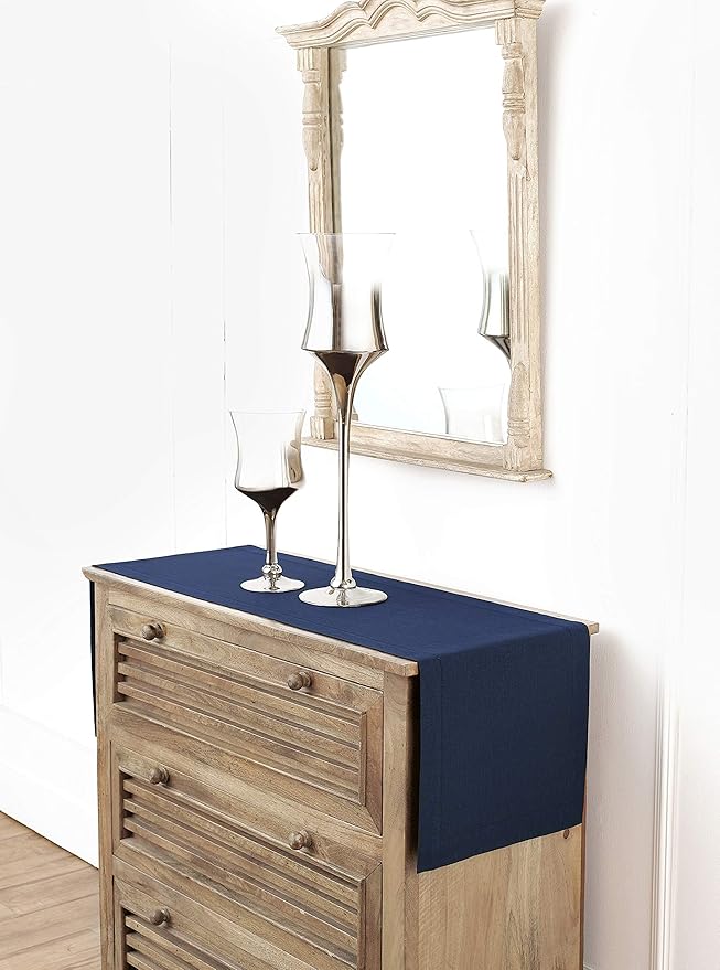 Solino Home Linen Navy Table Runner 60 Inches - Classic Hemstitch, 100% Pure Linen Coffee Table Runner 14 x 60 Inch Ideal for Dresser Tables - Summer, Fall, Autumn, Halloween