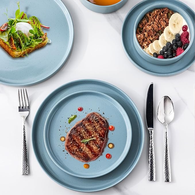 AmorArc Ceramic Dinner Plates Set of 6, 10.25 Inch Stoneware Plates for Kitchen,Modern Flat Dinnerware Dishes Set,Microwave& Dishwasher Safe, Scratch Resistant-Blue