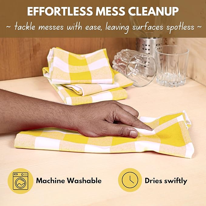 Native Fab Yellow Buffalo Dish Towel 16"x26", Set of 6 - Cotton Plaid Towels, Soft Absorbent Dishcloths with Hanging Loop, Kitchen Towels for Quick Drying - Yellow White