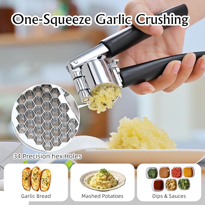 Garlic Press Mincer, Crusher Set with Removable Chamber - Ergonomic Handle, Dishwasher Safe, Easy to Clean for Kitchen, Cooking, Restaurants